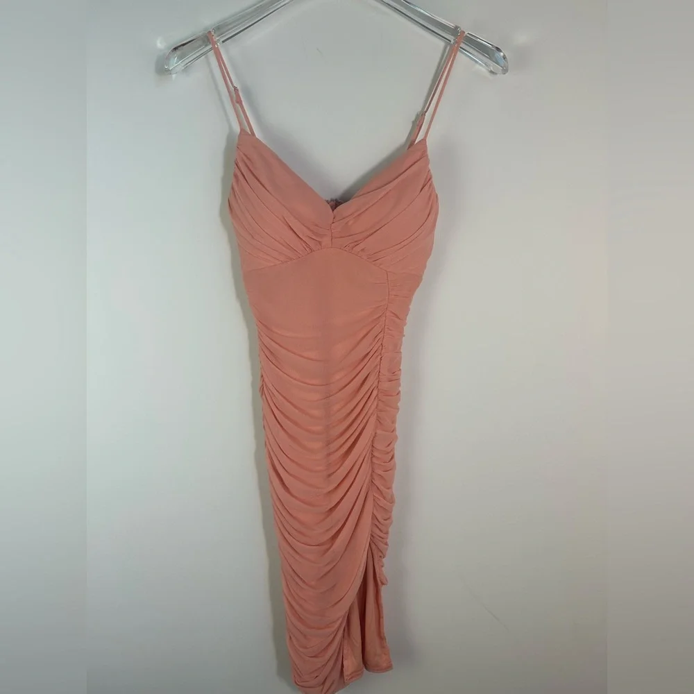 LULUS Got You Staring Peach Ruched Mesh Bodycon Mini Dress